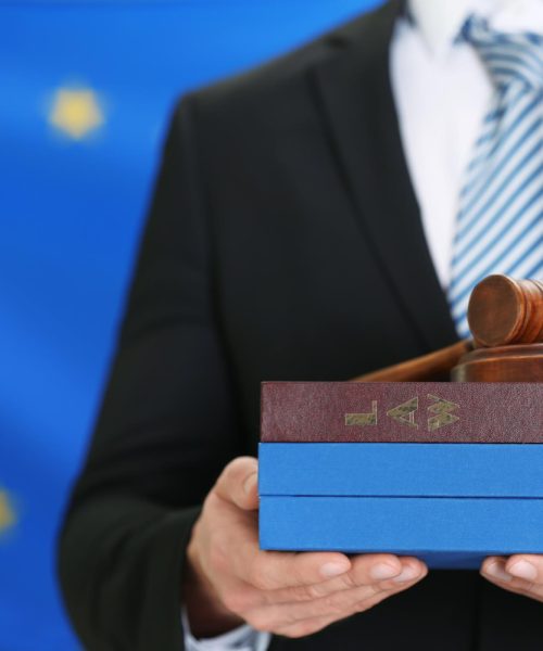mężczyzna trzymający pudełko w ręce na tle flagii UE