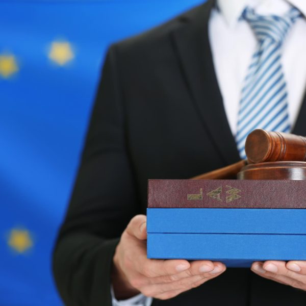 mężczyzna trzymający pudełko w ręce na tle flagii UE
